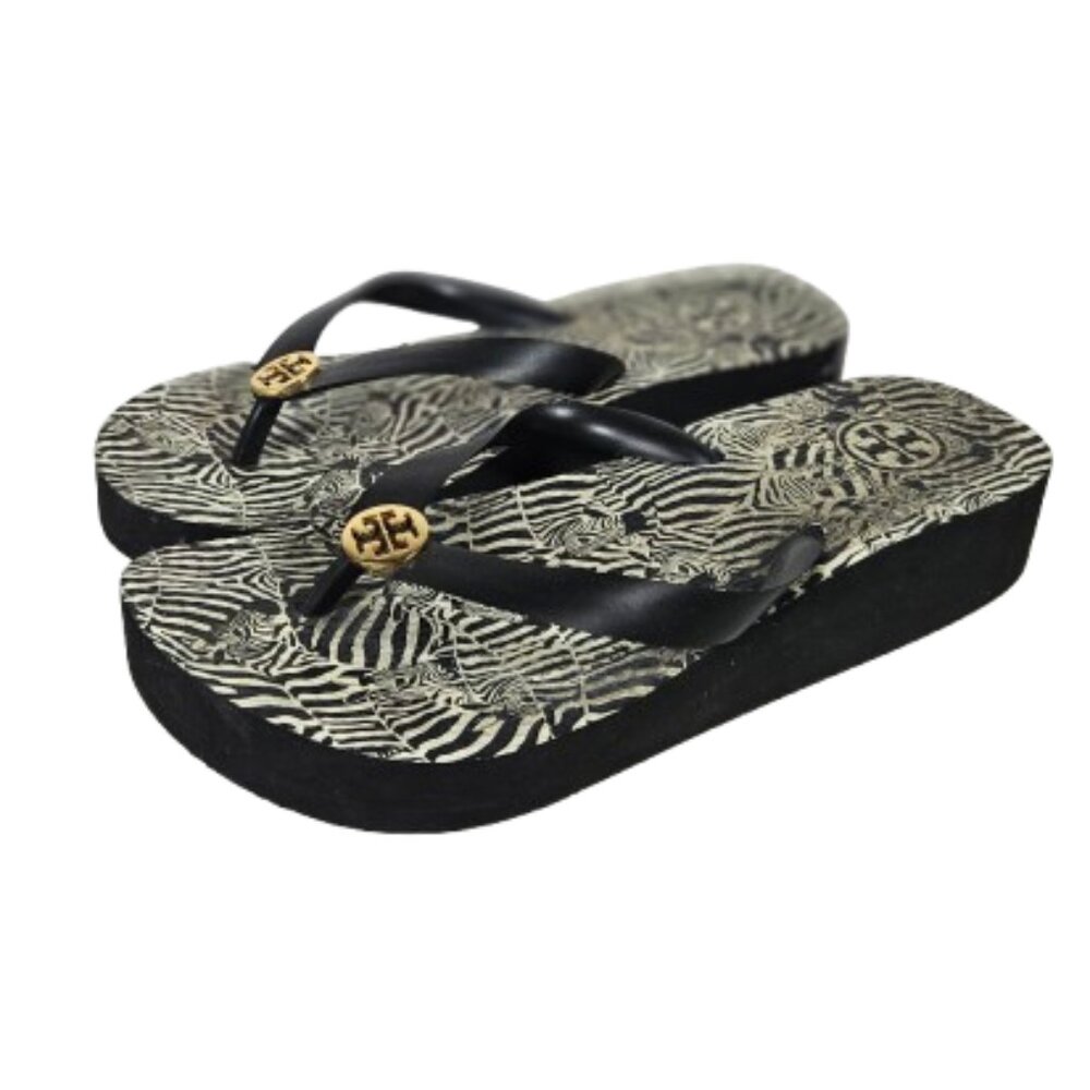 Tory Burch Zebra Print Platform Flip Flops Black … - image 1
